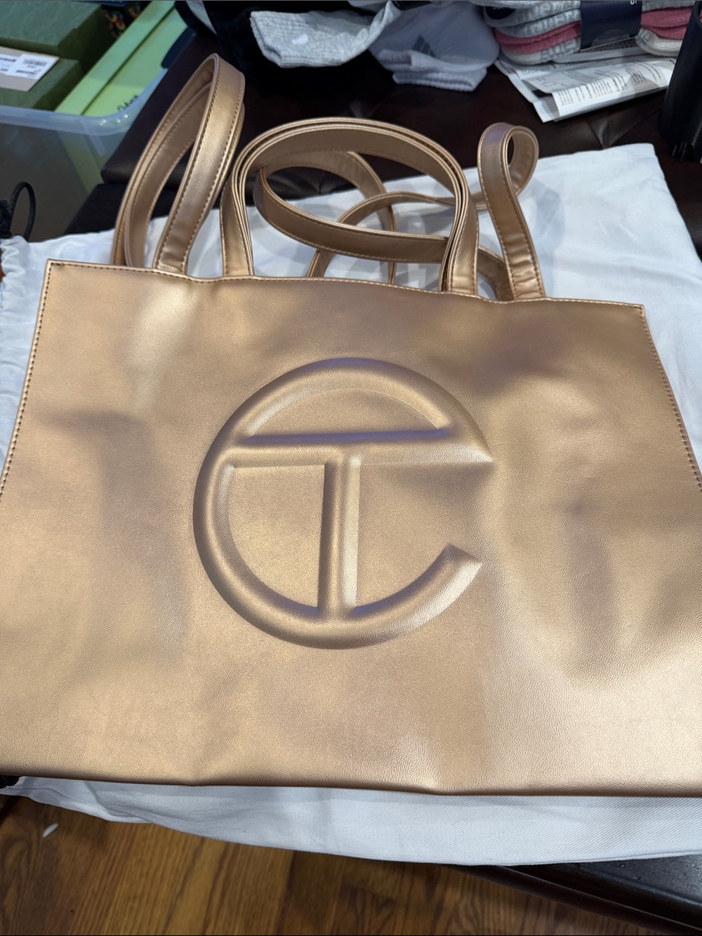Metallic Rose Gold Tote Bag with Embossed Logo